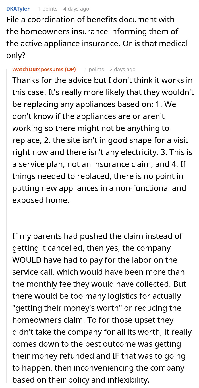 Online discussion about appliance insurance issues and company regrets.