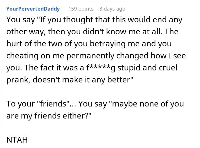 Text from a Reddit comment about a prank ending a 2-year relationship. Text from a Reddit comment about a prank ending a 2-year relationship.