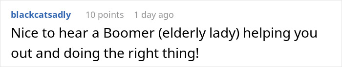 Comment highlighting a boomer woman's kindness and helpfulness.