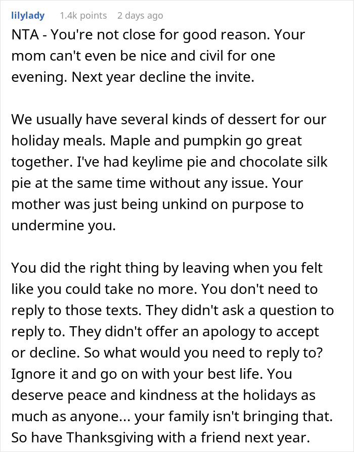 Text comment about Thanksgiving dessert conflict and family dynamics with advice to decline future invites.