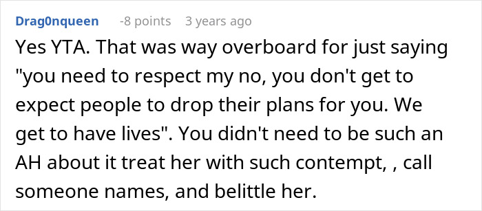 Text comment discussing boundaries and personal respect within a family or community setting.