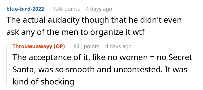 Reddit comments about female employees refusing to organize Secret Santa, highlighting gender roles.