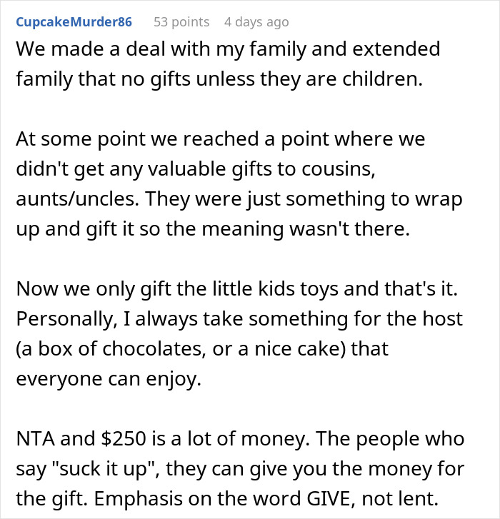Text discussion about family holiday gift-giving changes and high price tags for White Elephant gifts. Text discussion about family holiday gift-giving changes and high price tags for White Elephant gifts.