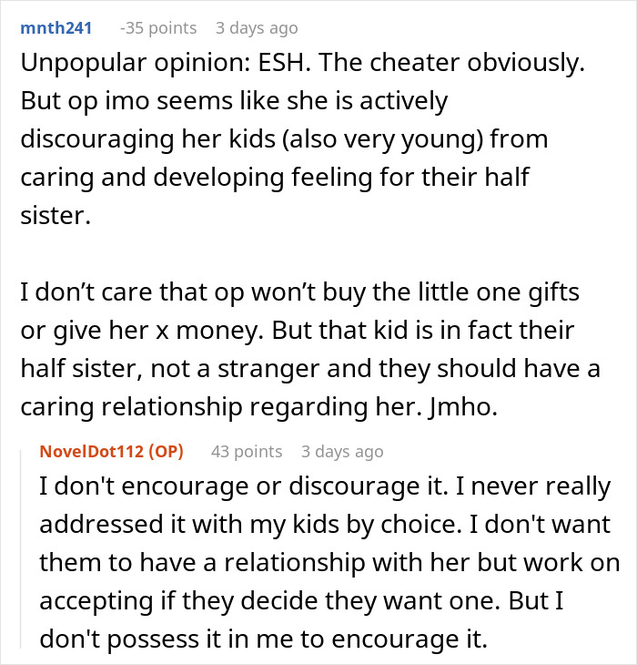 Reddit comments discussing an affair child and the dynamics of family relationships. Reddit comments discussing an affair child and the dynamics of family relationships.