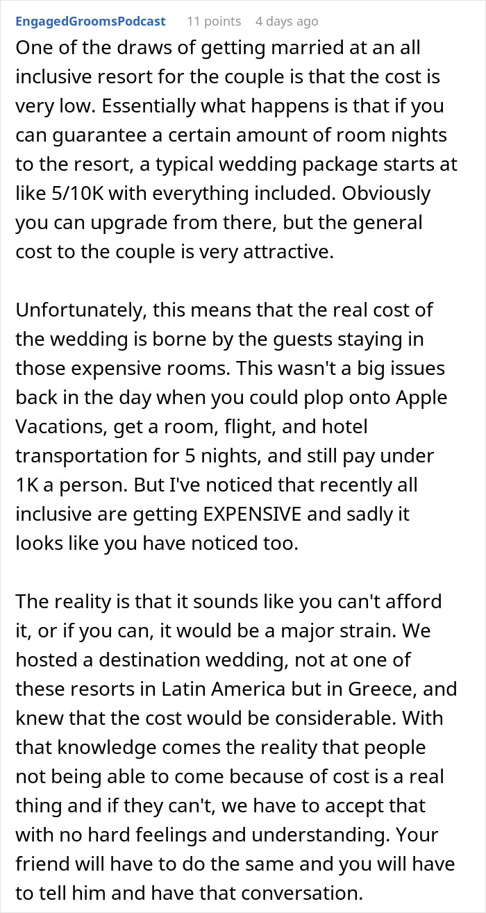 Text explaining why a groomsman struggles to afford attending a destination wedding. Text explaining why a groomsman struggles to afford attending a destination wedding.
