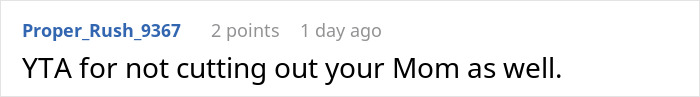 Reddit comment criticizing decision to cut sister out of family and not the mom.