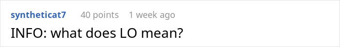 Comment asking the meaning of "LO" with user and points displayed. Comment asking the meaning of "LO" with user and points displayed.