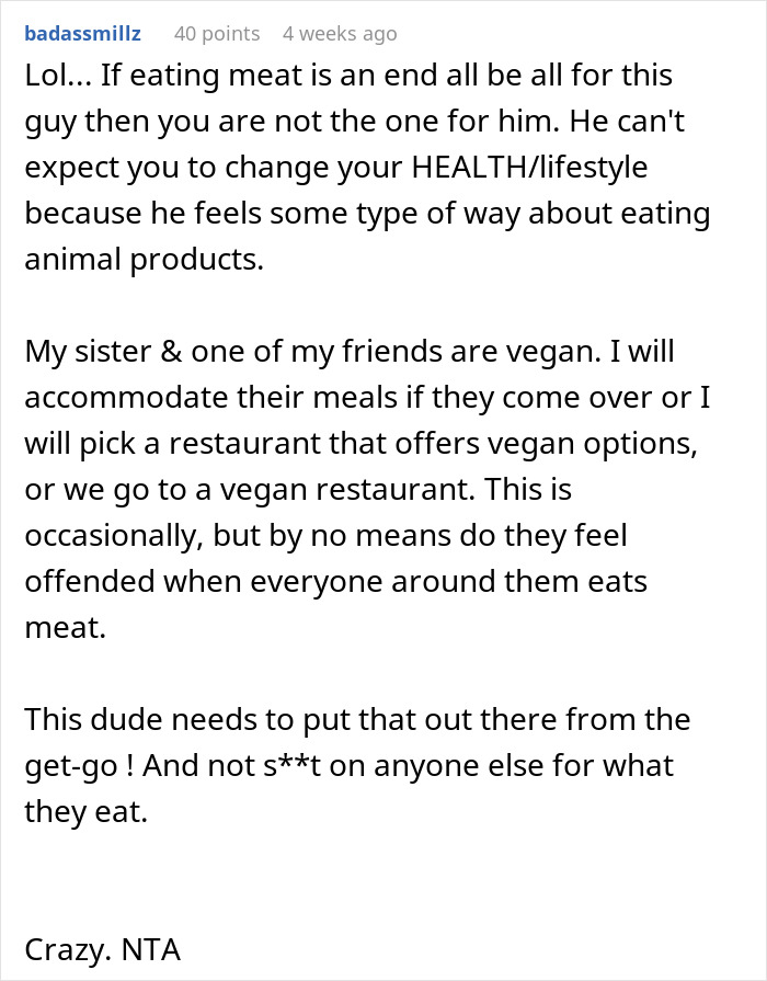 Reddit comment discussing a date where a woman orders a meat burger with a vegan, labeled as tactless.