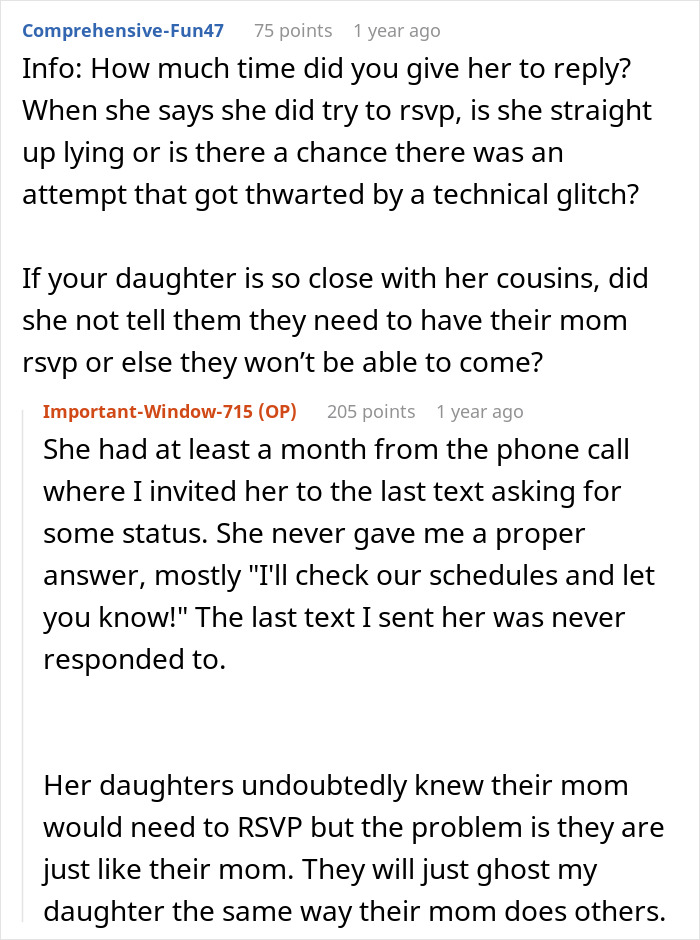 Reddit discussion about RSVP issues related to an aunt and her kids attending a birthday party.