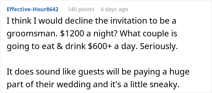 Groomsman struggles with expensive destination wedding costs, questioning high expenses for guests. Groomsman struggles with expensive destination wedding costs, questioning high expenses for guests.