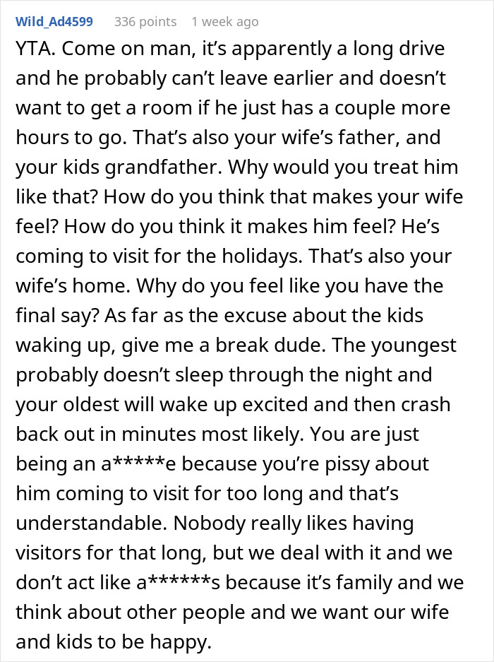 Text comment discussing a couple's argument over FIL&rsquo;s holiday arrival time.