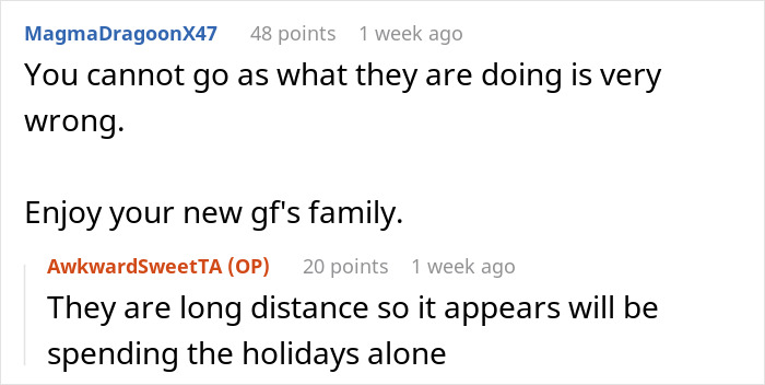 Online advice sought for family inviting ex to holidays; user comments on situation.