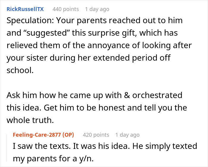 Reddit conversation about a man's surprise gift idea revealed through text messages.