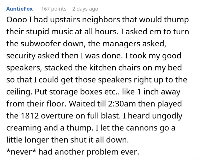 Text story about a noisy neighbor conflict and a creative noise retaliation.