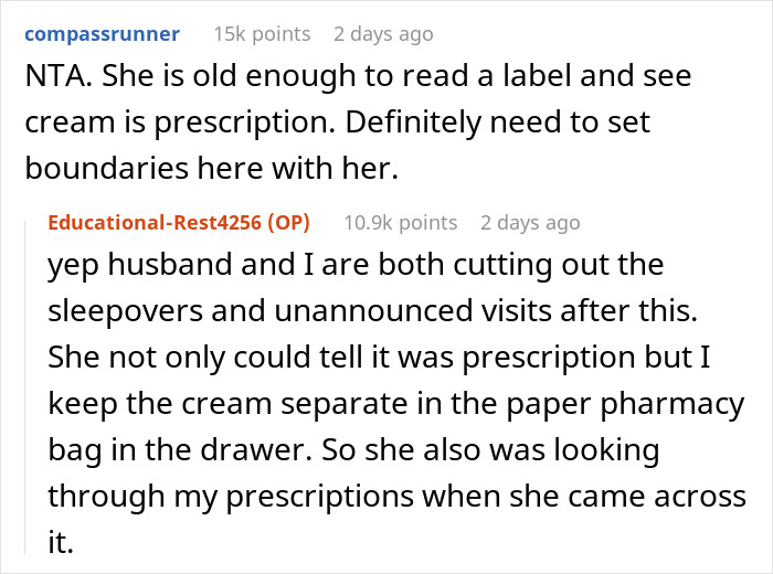 Reddit discussion about teen using SIL's prescription cream without permission, leading to boundary setting. Reddit discussion about teen using SIL's prescription cream without permission, leading to boundary setting.