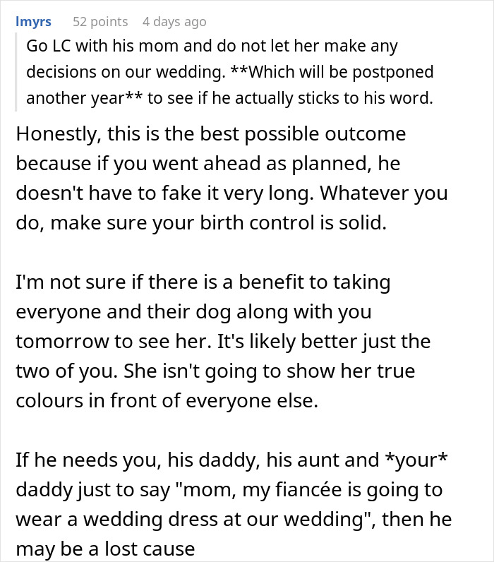 Text response about fianc&eacute; asking bride not to wear a white wedding dress for mom's comfort.