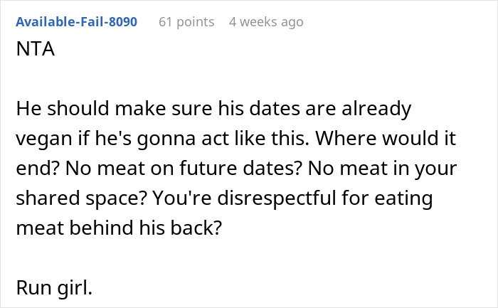 Text comment about a woman labeled tactless for ordering a meat burger on a date with a vegan.