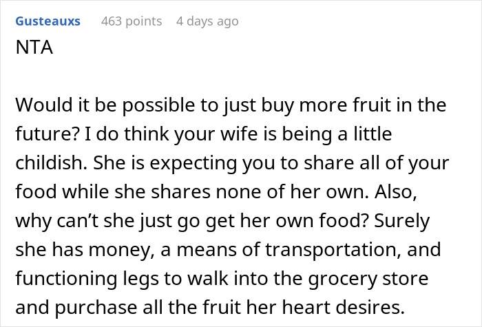 Comment discussing a fruit-obsessed wife's demands and suggestions on buying more fruit.