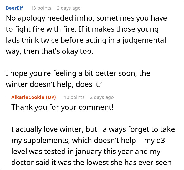 Text exchange discussing a woman clapping back at teens, mentioning winter and health.