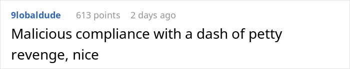 Comment about malicious compliance in a Reddit thread, highlighting a user's reaction. Comment about malicious compliance in a Reddit thread, highlighting a user's reaction.