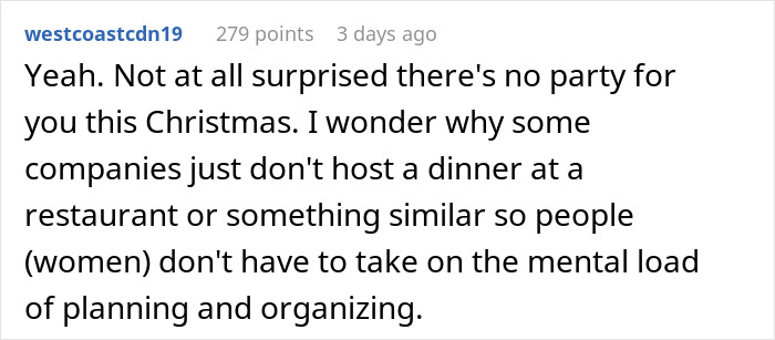Comment discussing the mental load women face during office Christmas party planning.