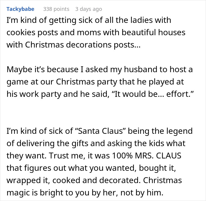 Text discusses Christmas party issues and highlights gender roles leading to dissatisfaction.