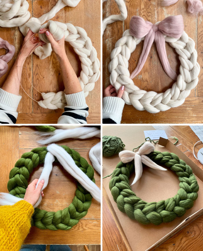 DIY Christmas wreaths being crafted with chunky wool in white and green, featuring ribbons for decoration.