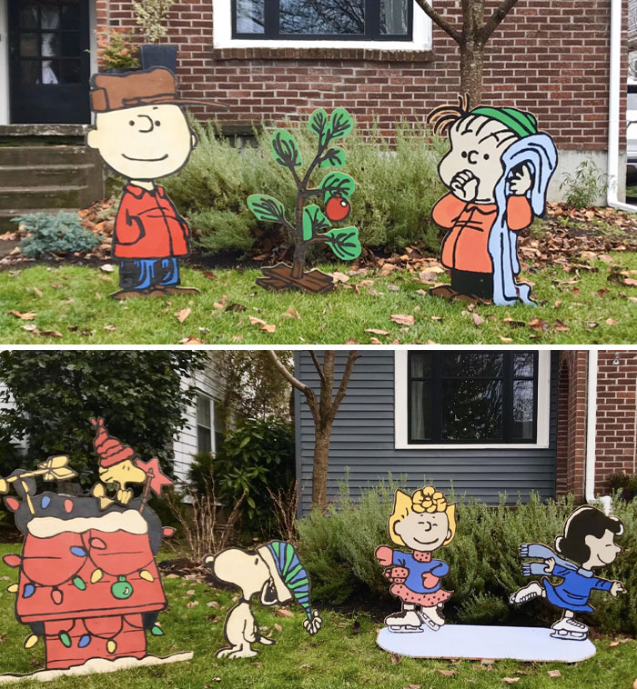 Cartoon characters as creative DIY Christmas decorations in a yard, featuring a small tree and festive scenes.