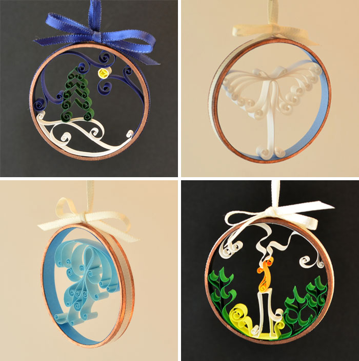 Creative DIY Christmas decorations with quilled paper ornaments in various designs and colors, each with a ribbon bow.