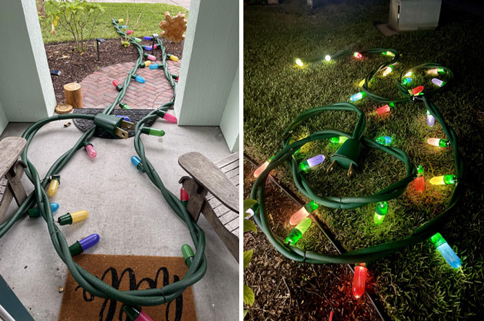 Colorful DIY Christmas decorations with oversized light bulbs creatively displayed outdoors.