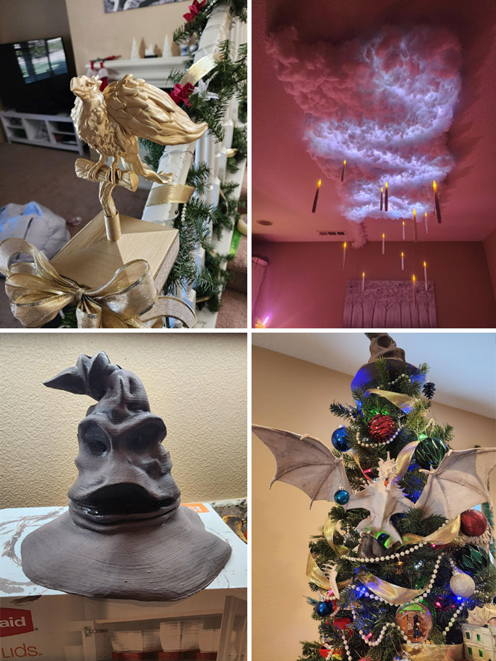 Creative DIY Christmas decorations featuring a gold bird, floating candles, clay hat, and a tree with dragon ornaments.