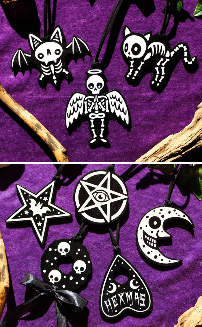 Creative DIY Christmas decorations with spooky skeleton and star designs on a purple background.