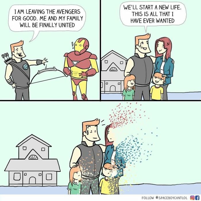 Superhero comic strip showing a hero leaving the Avengers for family, with unexpected dark twist as family dissolves.