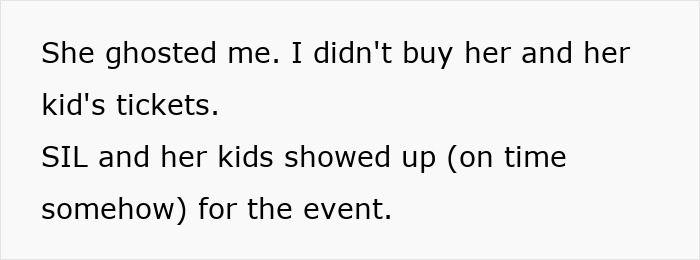 Text about an aunt and kids attending a party without RSVP tickets.