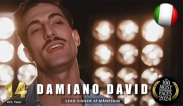 Lead singer of M&aring;neskin, ranked among the most handsome men in 2024, with soft lighting and Italian flag decoration.