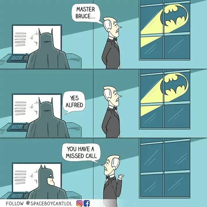 Comic by SpaceboyCantLOL: Butler tells superhero about missed call, with bat signal glowing outside window.