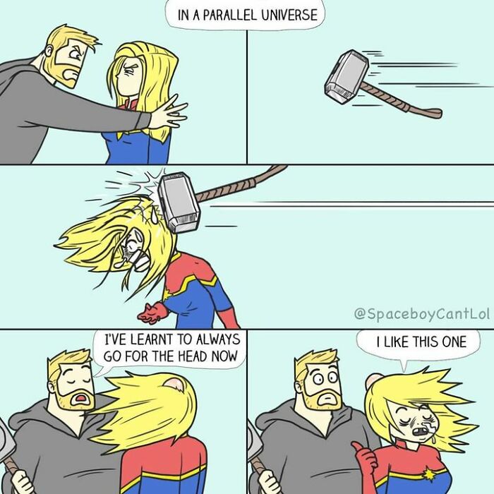 Superhero comic by SpaceboyCantLOL; character hits another with a hammer in a humorous twist.
