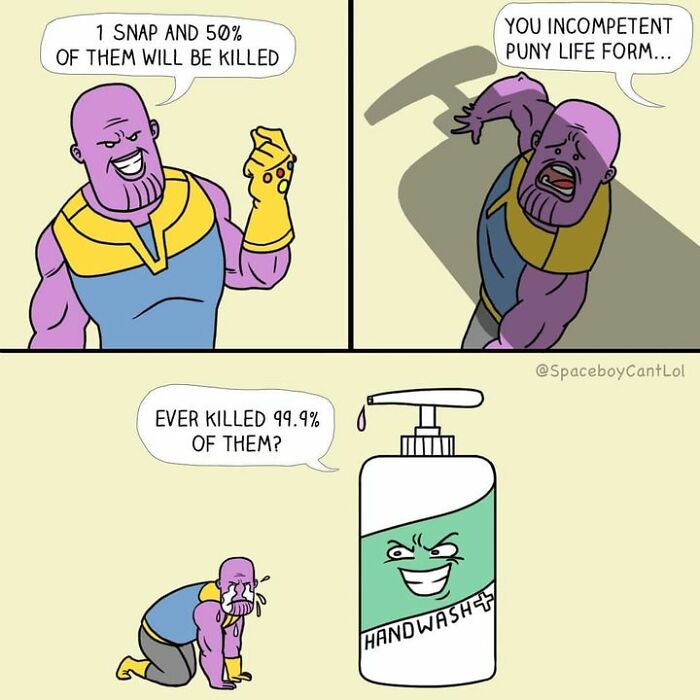 Superhero comic with a humorous dark twist by SpaceboyCantLOL, featuring a funny comparison of a villain and handwash.