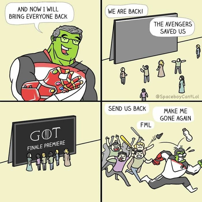 Funny superhero comic by SpaceboyCantLOL showing a crowd unhappy after a GOT finale premiere.