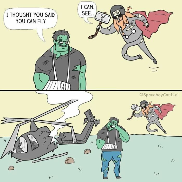 Comic by SpaceboyCantLOL of superheroes discussing flying next to a crashed helicopter.