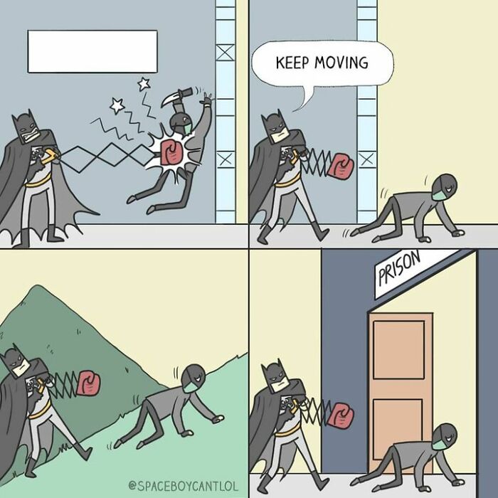 Superhero comic strip by SpaceboyCantLOL with a humorous prison twist, featuring a caped character and a punching glove.