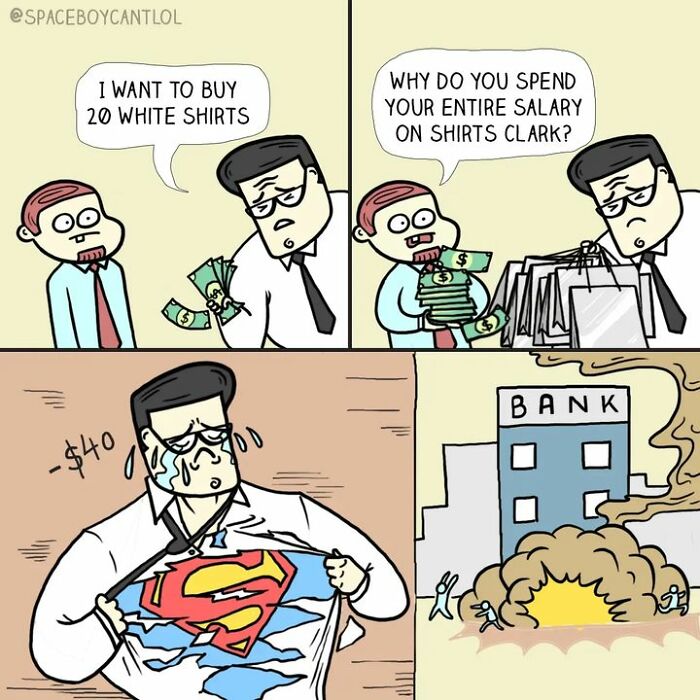 Comic showing a superhero spending money on shirts, revealing a hidden costume under them.