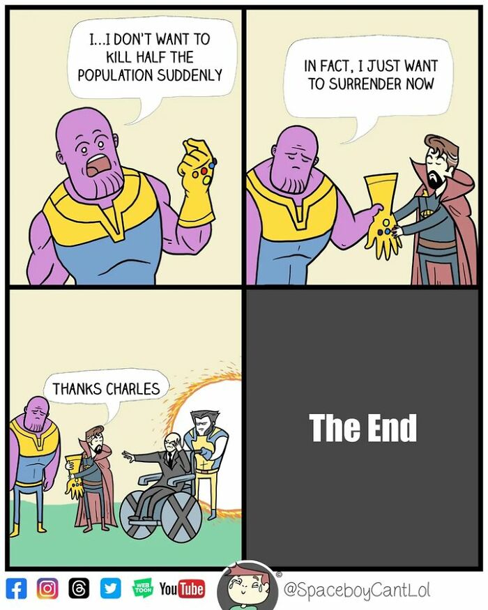 Humorous superhero comic by SpaceboyCantLOL where a villain unexpectedly surrenders, ending with "The End."