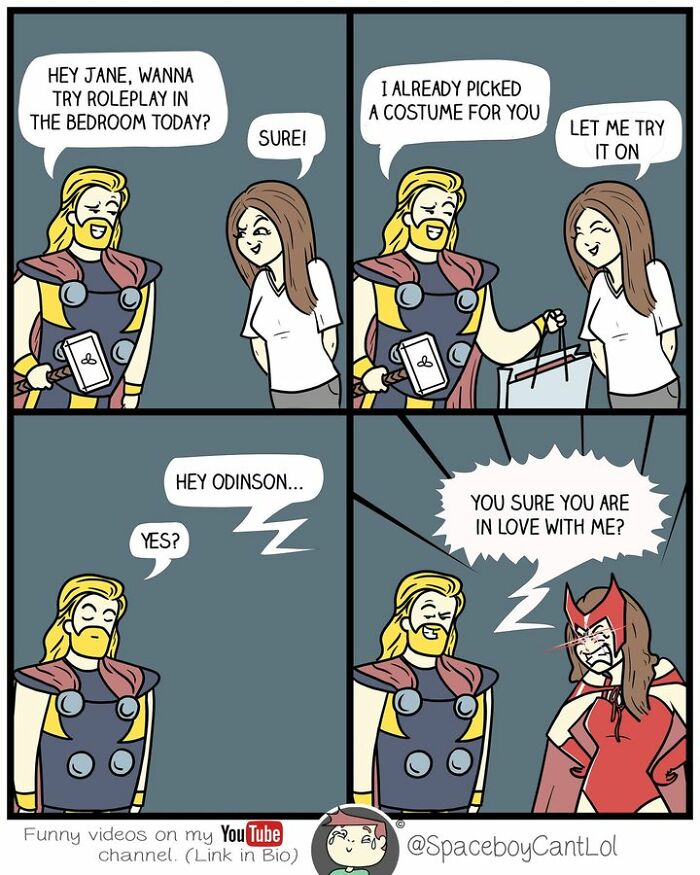 Superhero comics strip with a humorous twist, featuring a couple discussing costumes in a playful superhero roleplay.