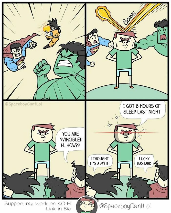 Superhero comics by SpaceboyCantLOL: heroes astonished by a man's invincibility after 8 hours of sleep.