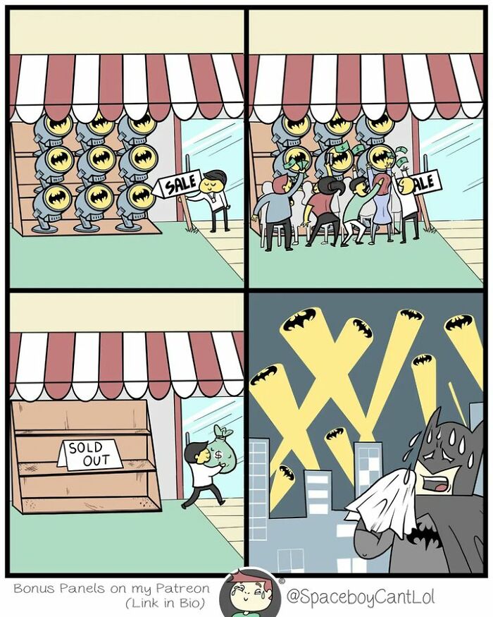 Comic by SpaceboyCantLOL showing a superhero gear sale, with an unexpected twist leading to distress.