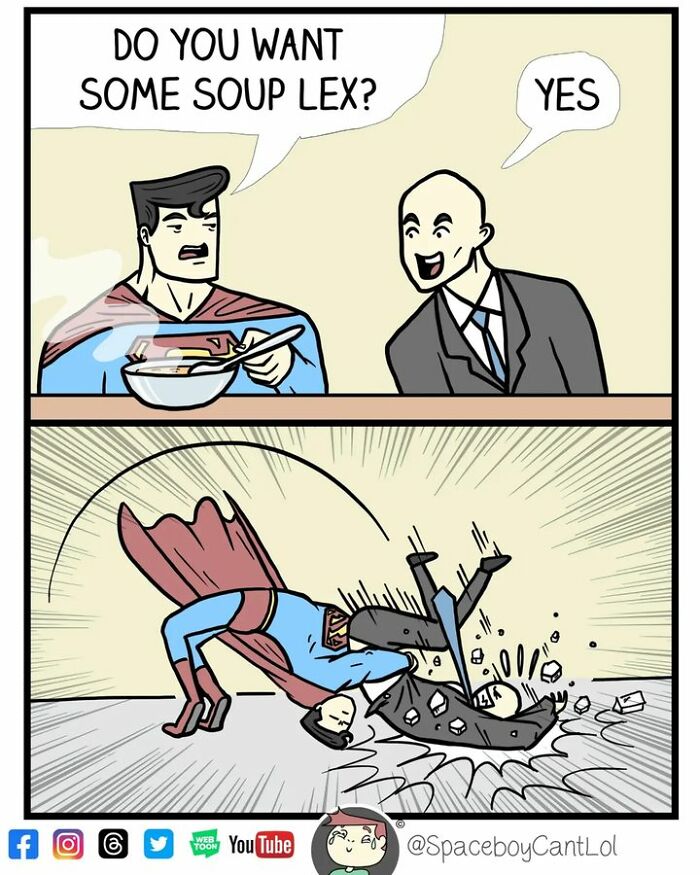 Superhero comic by SpaceboyCantLOL with a surprising twist involving soup and an unexpected fall.