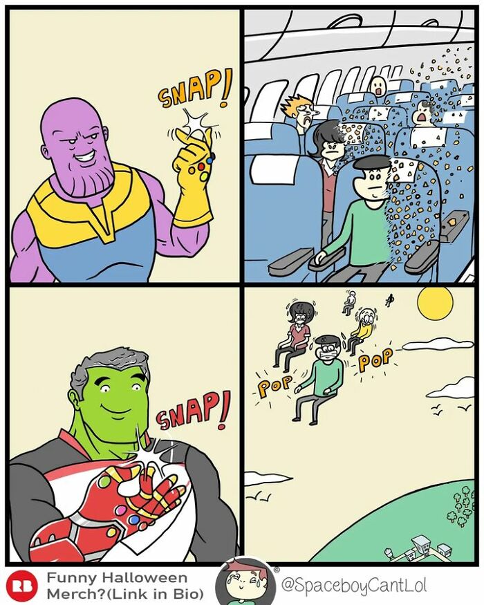 Superhero comics by SpaceboyCantLOL showing unexpected and dark twist; a hero snaps fingers, passengers disappear, then reappear.