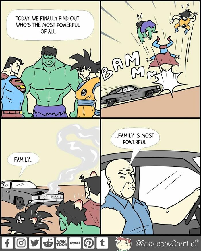 Superhero comic by SpaceboyCantLOL with superheroes getting outdone by a car, emphasizing "family is most powerful."