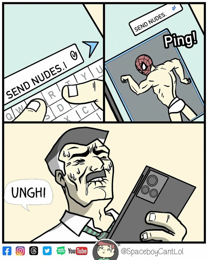 Comic by SpaceboyCantLOL showing a surprised man receiving an unexpected photo after texting "send nudes".